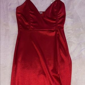 red satin clear strapped dress